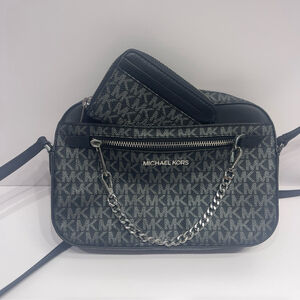 Michael Kors Chain Crossbody With Matching Wallet Set Silver Black Metallic Logo